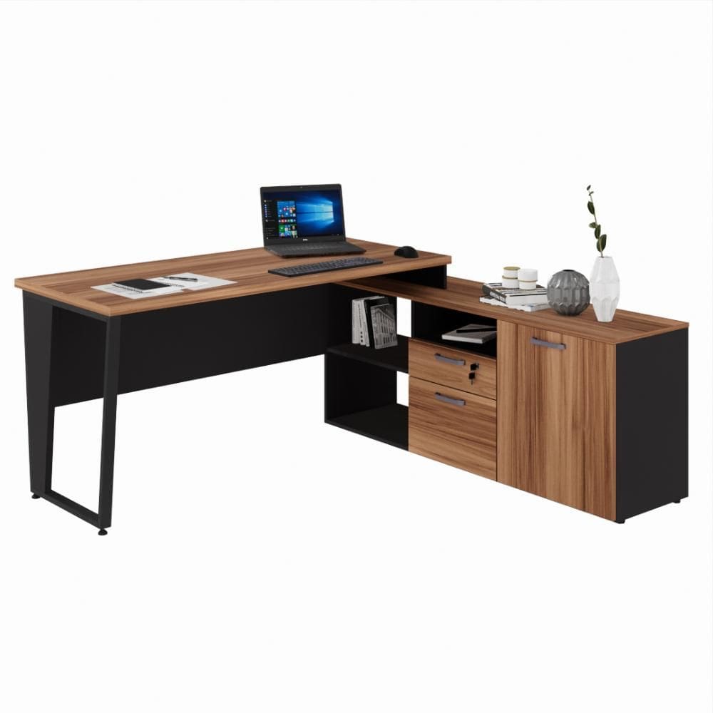 Mesa para Escritório 2 Gavetas 1 Porta Yaris YAR1717 Office 150x160cm Marrom/Preto
