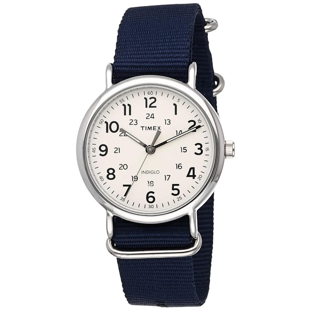 Relógio Timex Weekender de 40 mm para homens, estojo prateado, pulseira azul