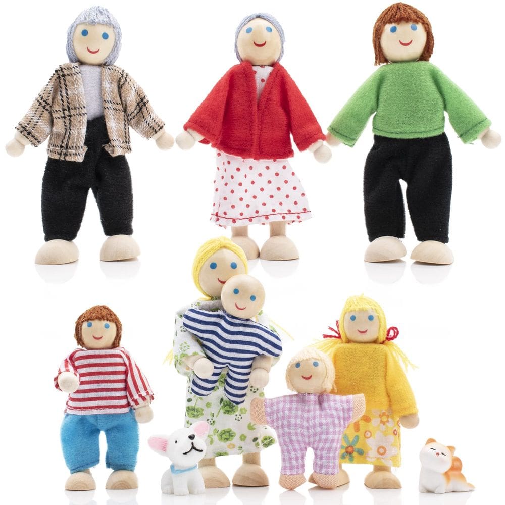 Conjunto familiar Wooden Doll House Jzszera com 8 bonecos e 2 animais de estimação