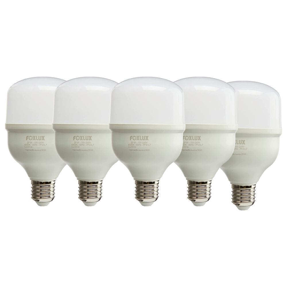Kit 5 Lâmpada LED 20W Bulbo Alta Pot 6500K Bivolt Foxlux