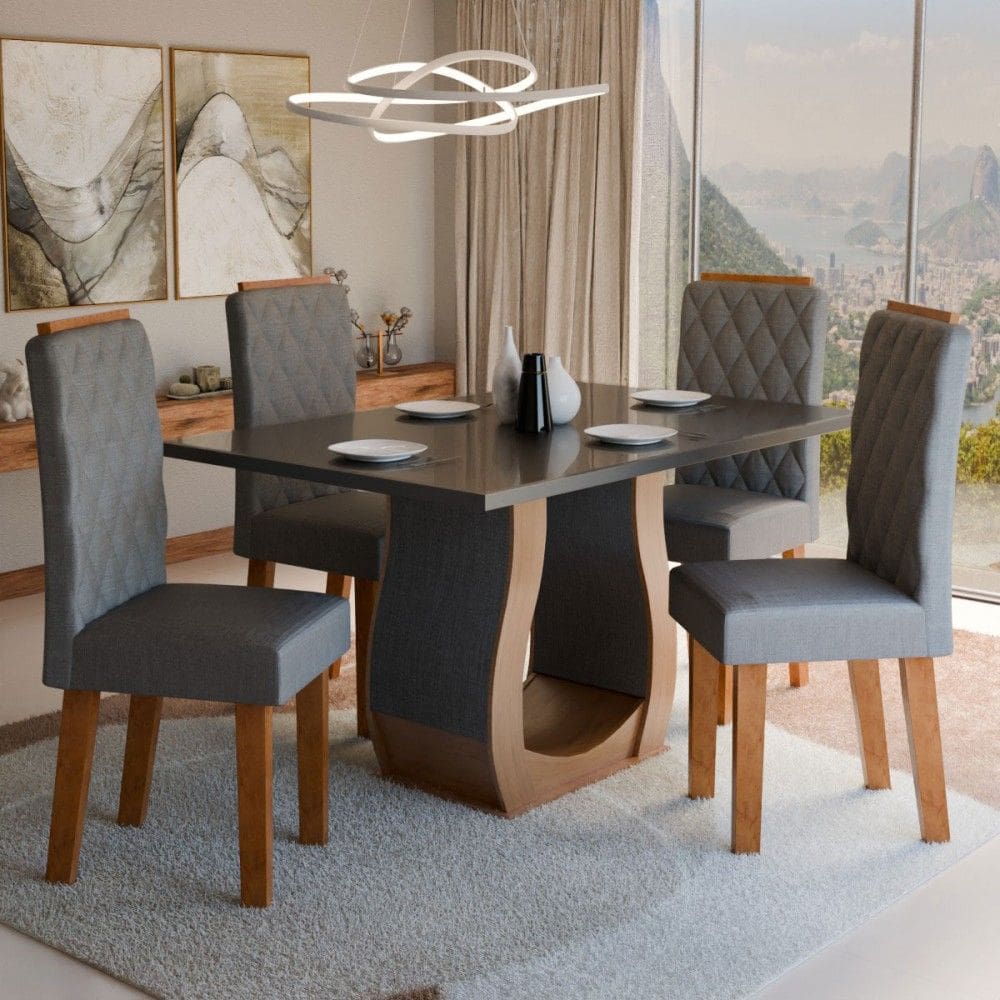 Mesa de Jantar 4 Lugares Belvedere Marrom/Cinza/Veludo Cinza - Panorama Móveis