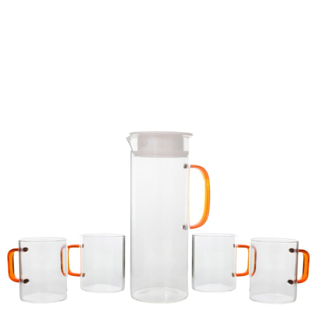 Conjunto Jarra 1,1 Litro Com 4 Copos 220Ml de Vidro Alça Colorida Mai Home