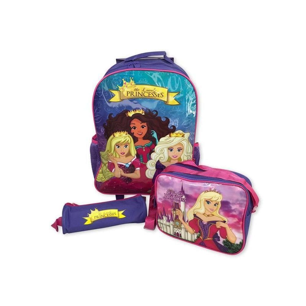 Kit Escolar Princesas Roxa Mochila 15 Litros Com Carrinho