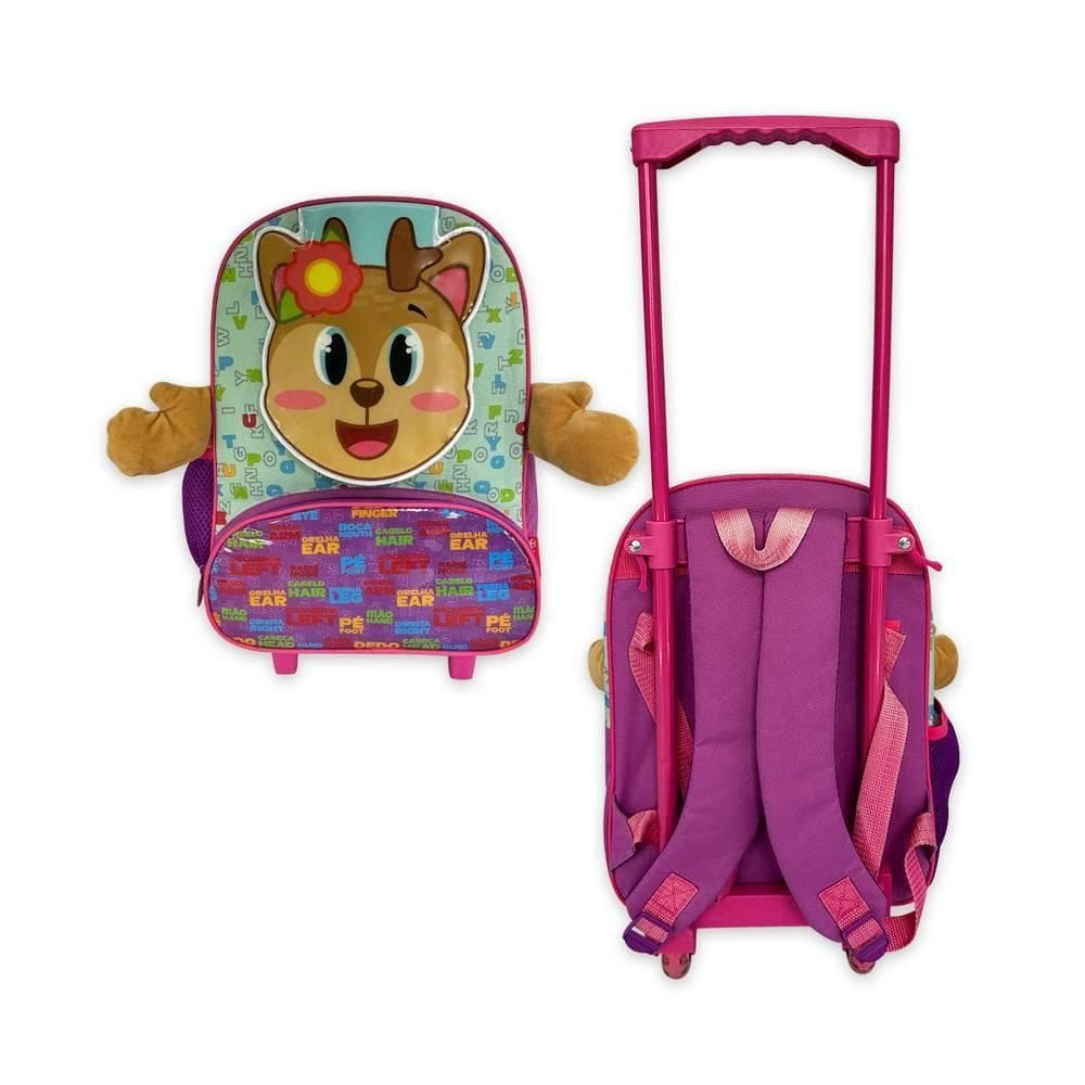 Mochila Rena Rosa Infantil Com Alças Retrátil Bolsos Rodinha