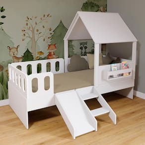 Cama Casinha com Telhado Mdf Kit Escada e Grades Anatômica Branco Mobilistore