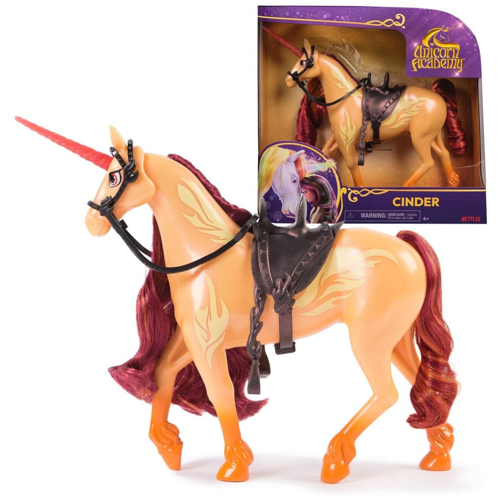 Toy Unicorn Academy Cinder com 2 acessórios de equitação de 28 cm