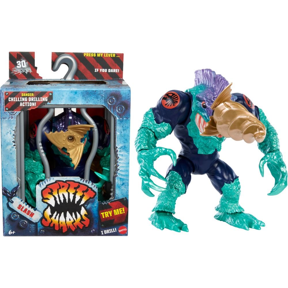 Boneco de ação Mattel Street Sharks Slash de 15 cm com Bite & Drill