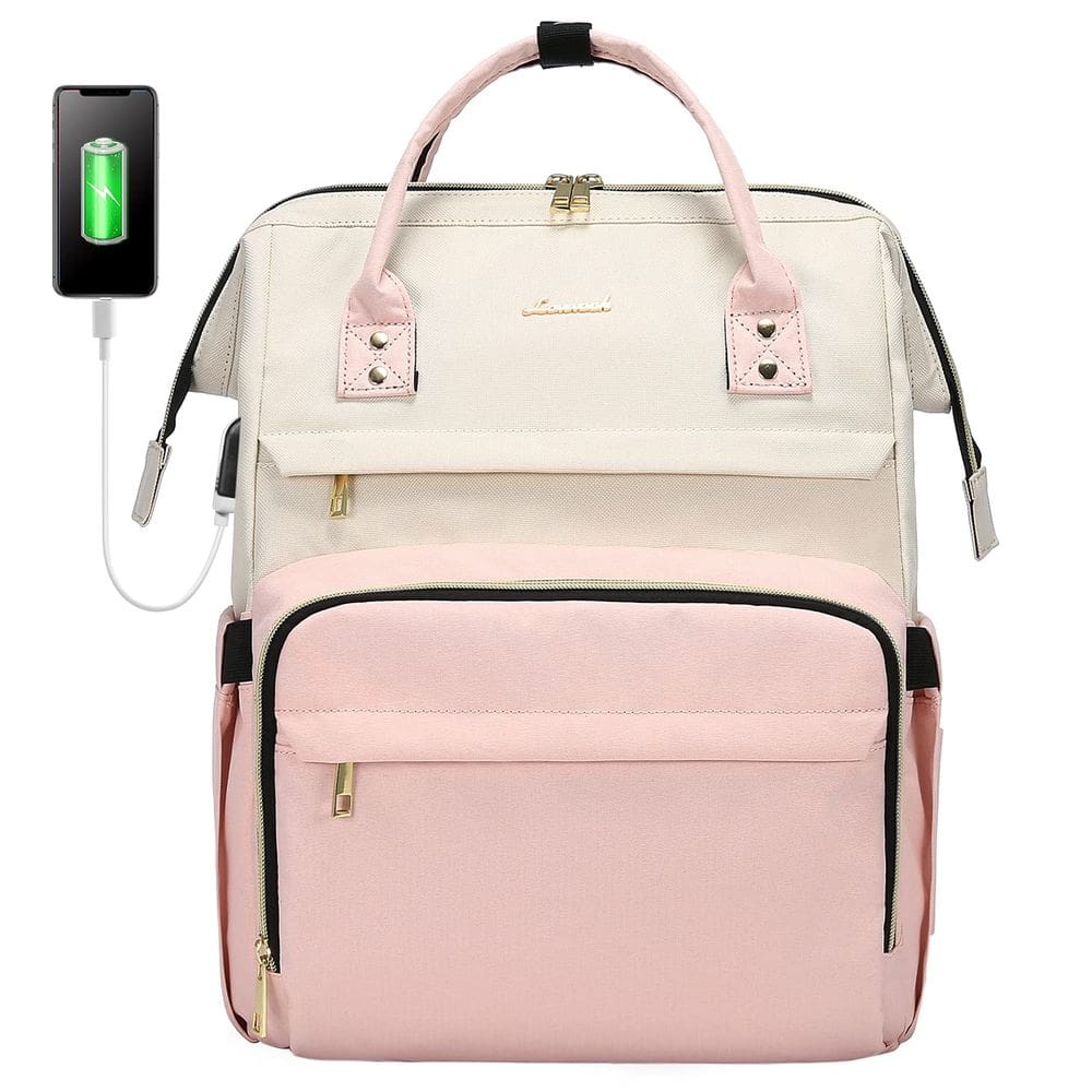 Mochila para laptop LOVEVOOK para mulheres de 17 polegadas bege-rosa
