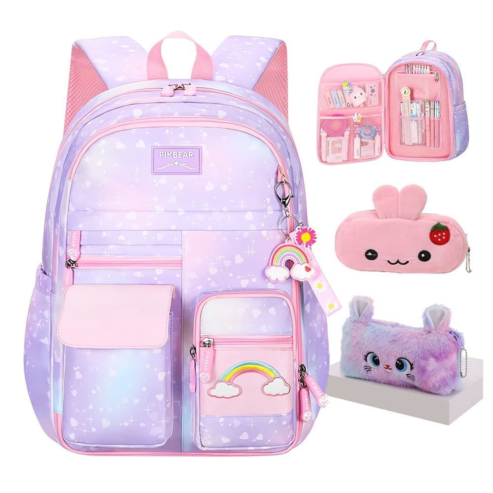 Mochila Jcobvig Kawaii para meninas e crianças escolares com bolsa de caneta roxa