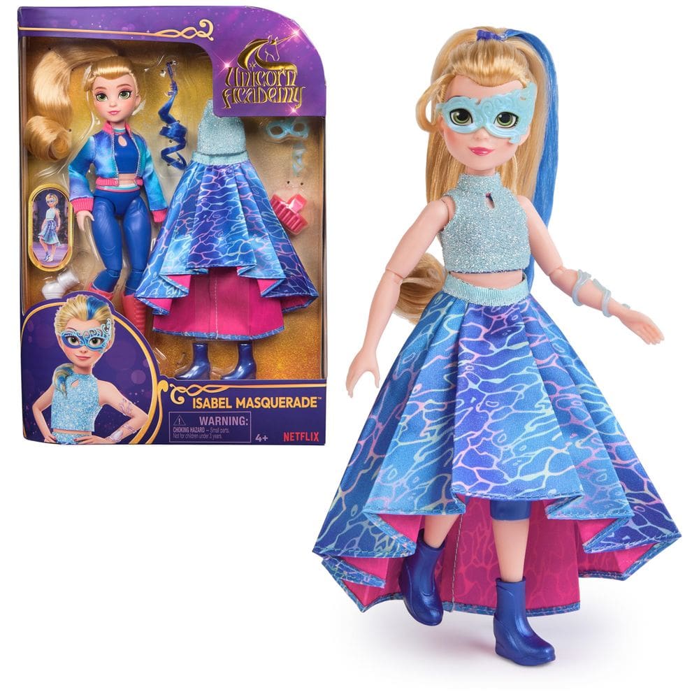 Bola de máscaras Doll Unicorn Academy Isabel de 24 cm com 11 peças