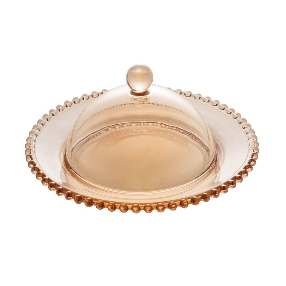 Prato C/Tampa de Cristal para Queijo Pearl Bolinha Âmbar 20x9cm Wolff