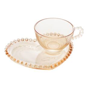 Xícara P/Chá C/Prato de Cristal C/Formato Coração Pearl Bolinha Âmbar 180ml Wolff