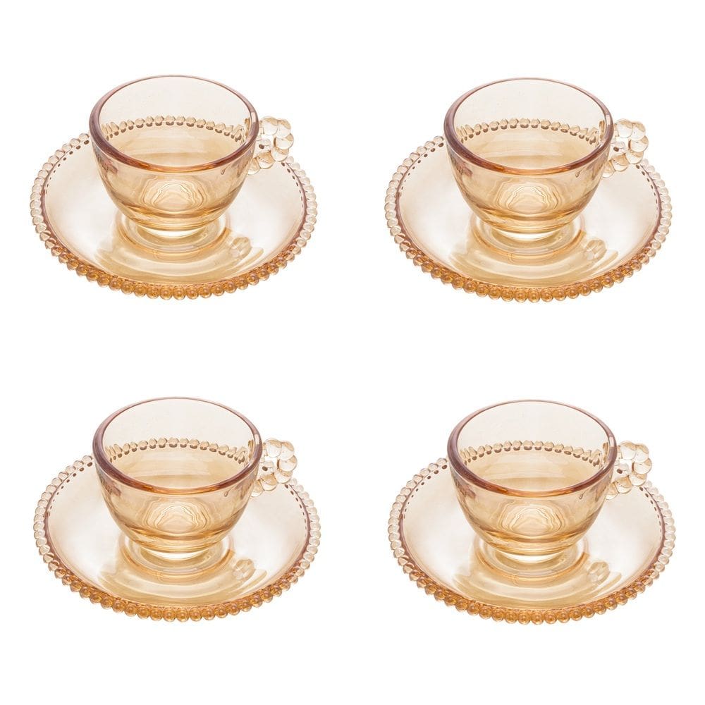 Cj 4 Xícaras P/Café C/Pires Cristal Pearl Bolinha Âmbar 80ml Wolff