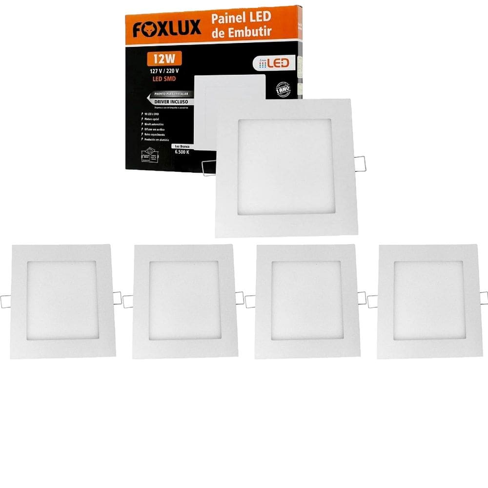 Kit 5 Painel Led Quadrado de Embutir 12W 6500K Bivolt Foxlux