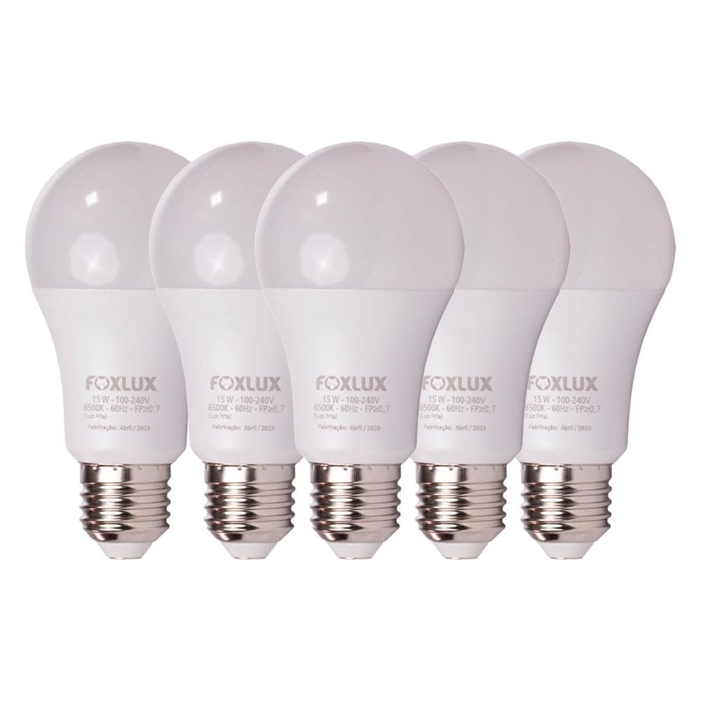 Kit 5 Lâmpada LED Bulbo 15W 6500K E-27 Bivolt Foxlux