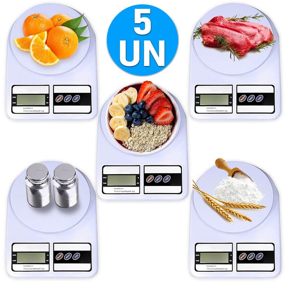 Kit 5 Balanças De Cozinha Digital 10kg Alta Precisão Função Tara Dieta Confeitaria Pesar Alimentos Marmita