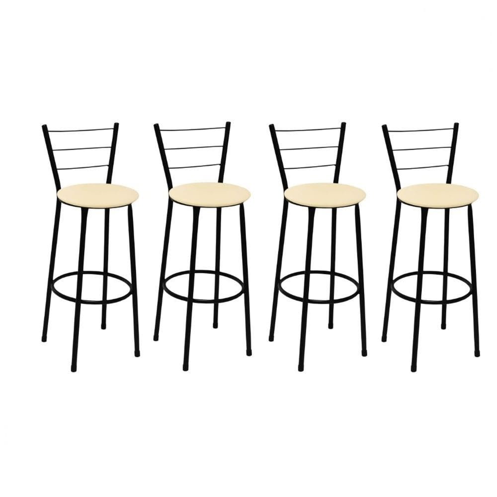 Kit 4 Banquetas Altas Preta com Encosto Assento Bege