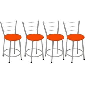 Kit 4 Banquetas Baixas Prata com Encosto Assento Laranja