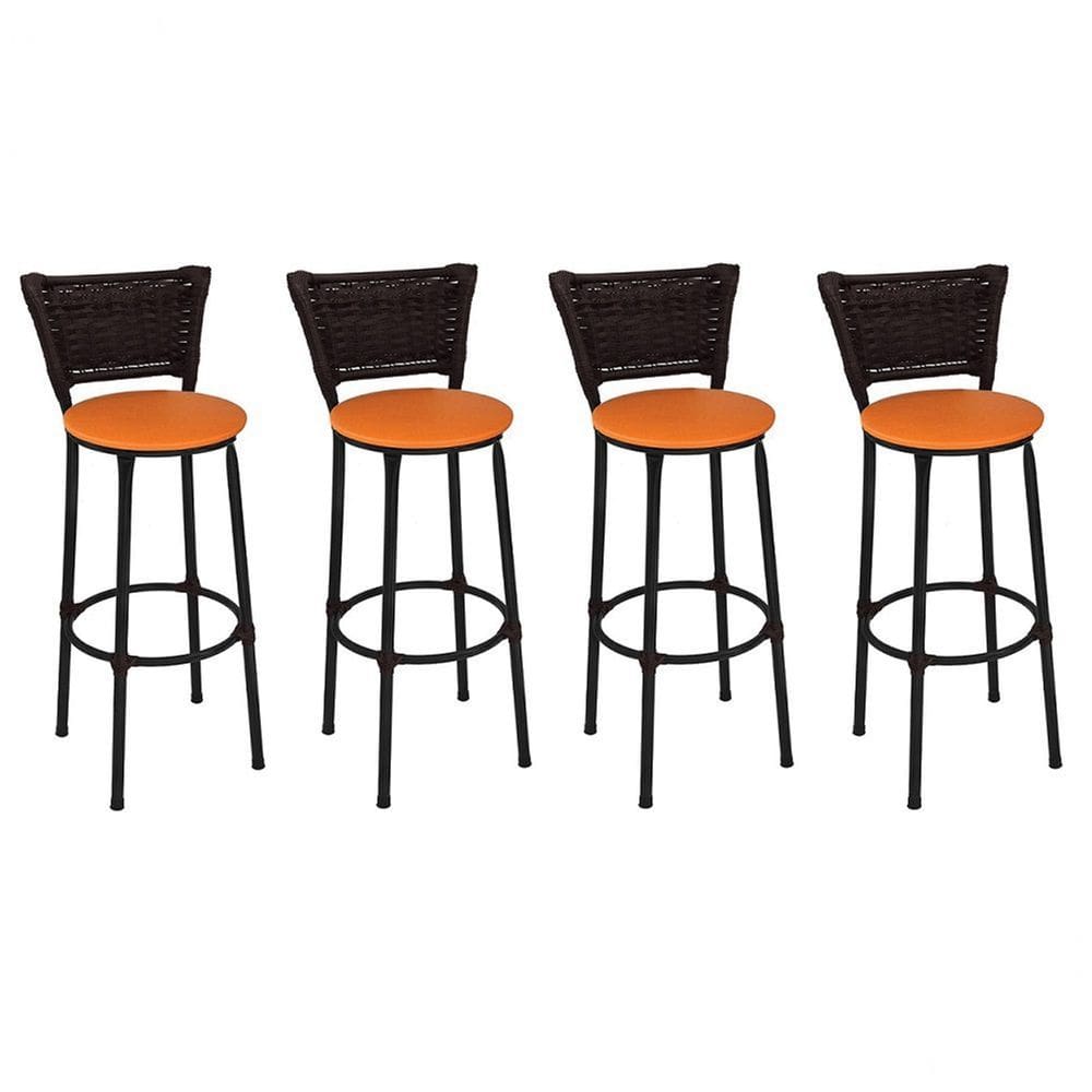 Kit 4 Banquetas Altas Preta com Encosto Junco Argila Assento Laranja