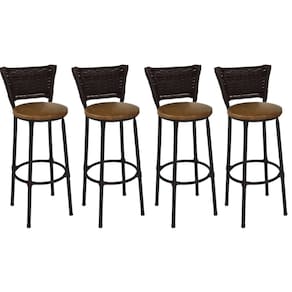 Kit 4 Banquetas Altas Preta com Encosto Junco Argila Assento Marrom