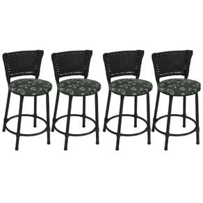 Kit 4 Banquetas Baixas Preta com Encosto Junco Preto Assento Estampado