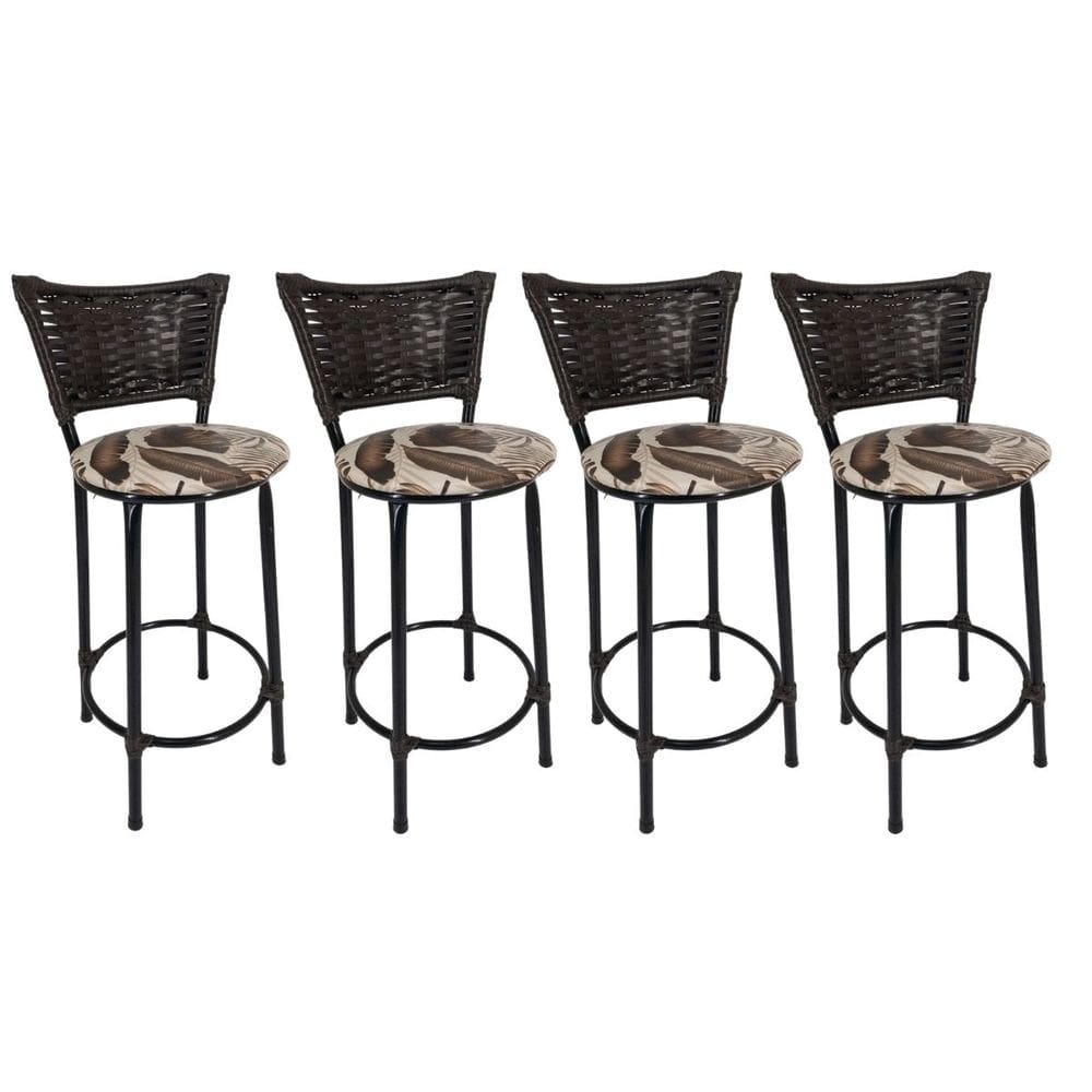 Kit 4 Banquetas Altas Preta com Encosto Junco Argila Assento Floral Marrom