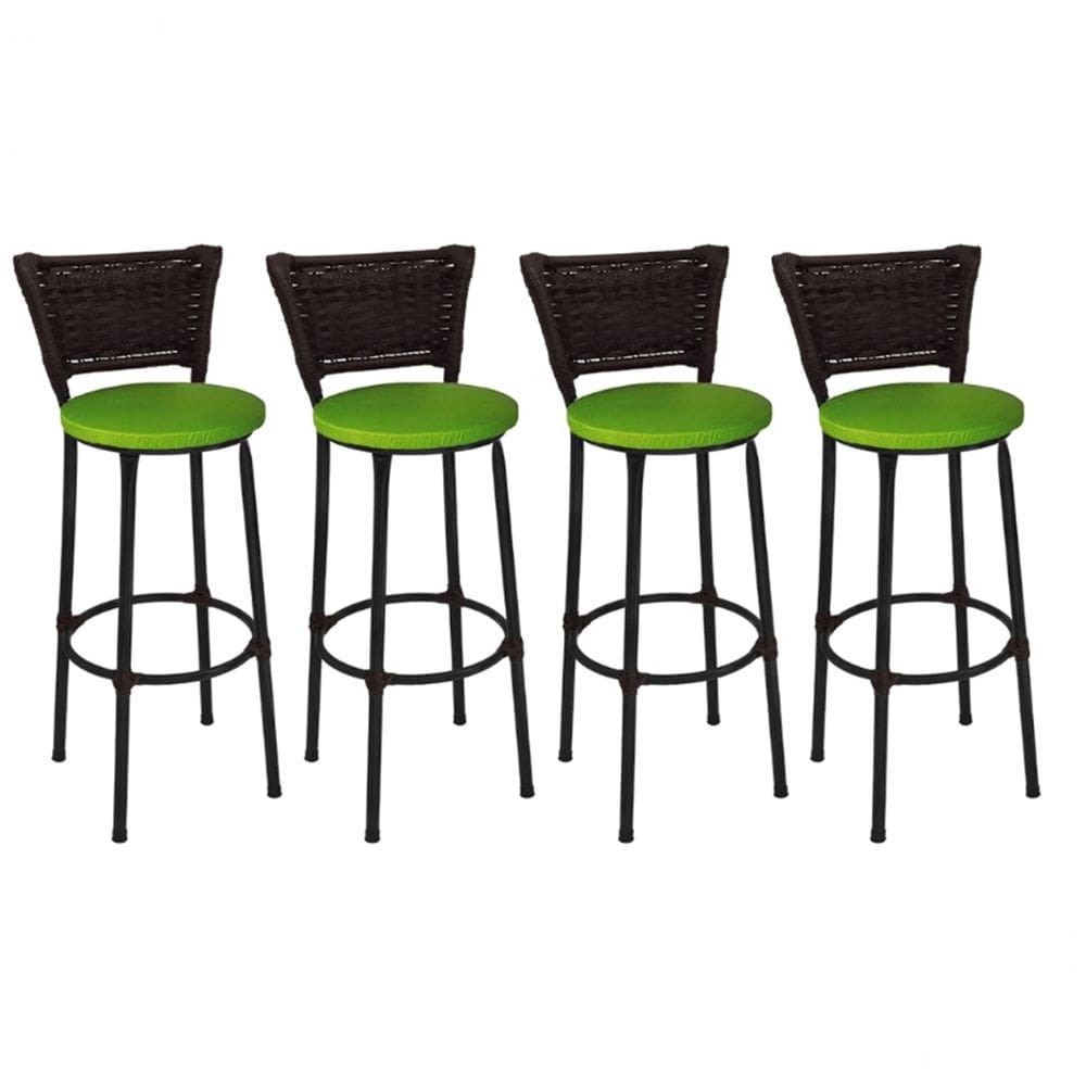 Kit 4 Banquetas Altas Preta com Encosto Junco Argila Assento Verde