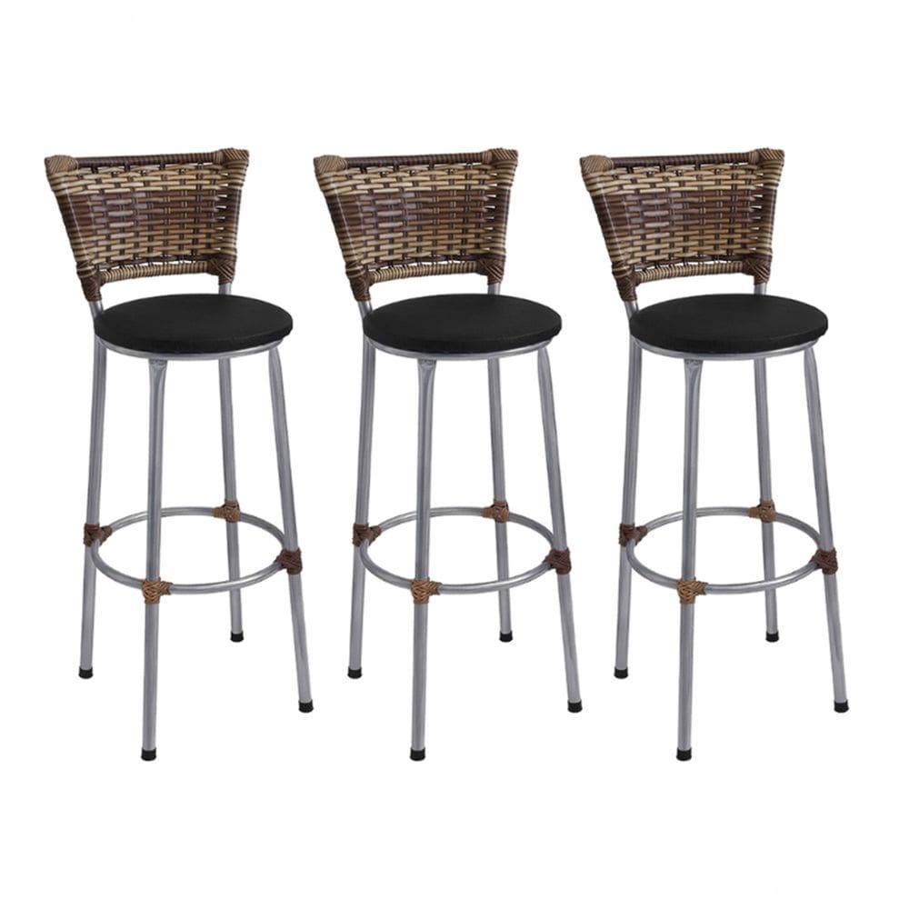 Kit 3 Banquetas Altas Prata com Encosto Junco Capuccino Assento Preto
