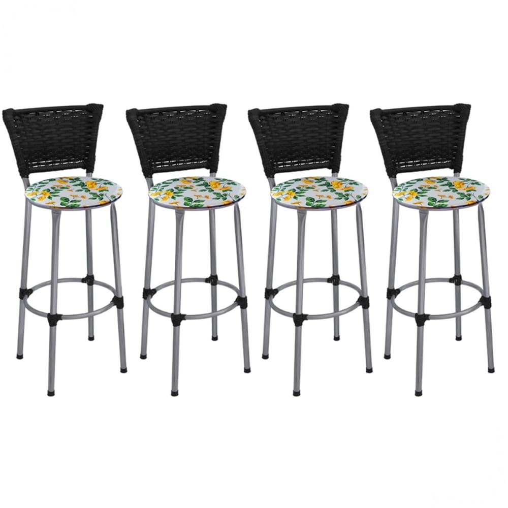 Kit 4 Banquetas Altas Prata com Encosto Junco Preto Assento Floral Amarelo
