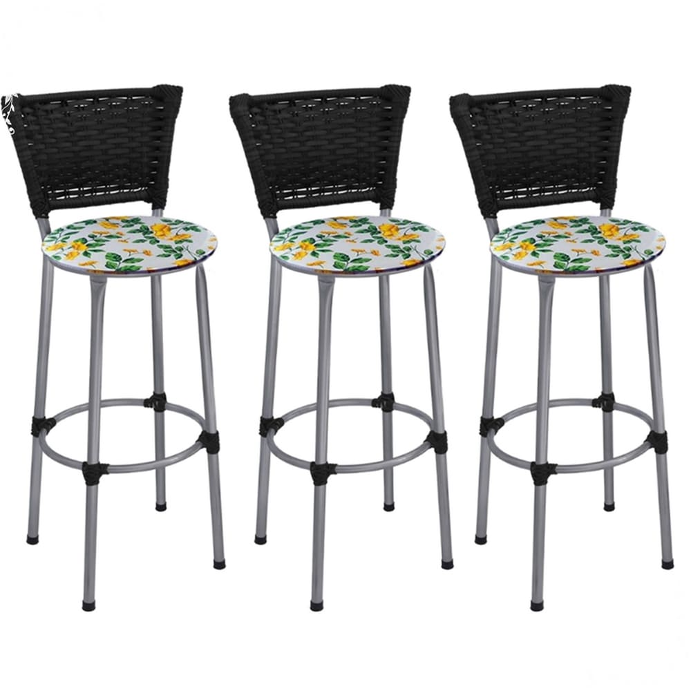Kit 3 Banquetas Altas Prata com Encosto Junco Preto Assento Floral Branco