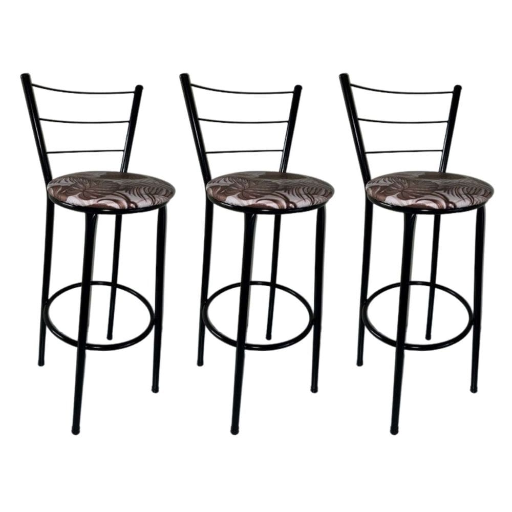 Kit 3 Banquetas Altas Preta com Encosto Assento Floral Marrom