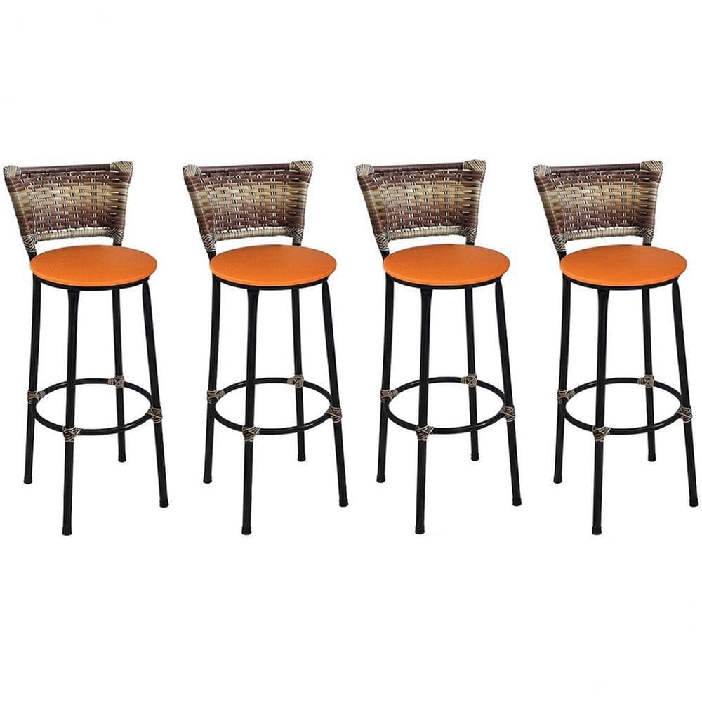 Kit 4 Banquetas Médias Preta com Encosto Junco Capuccino Assento Laranja