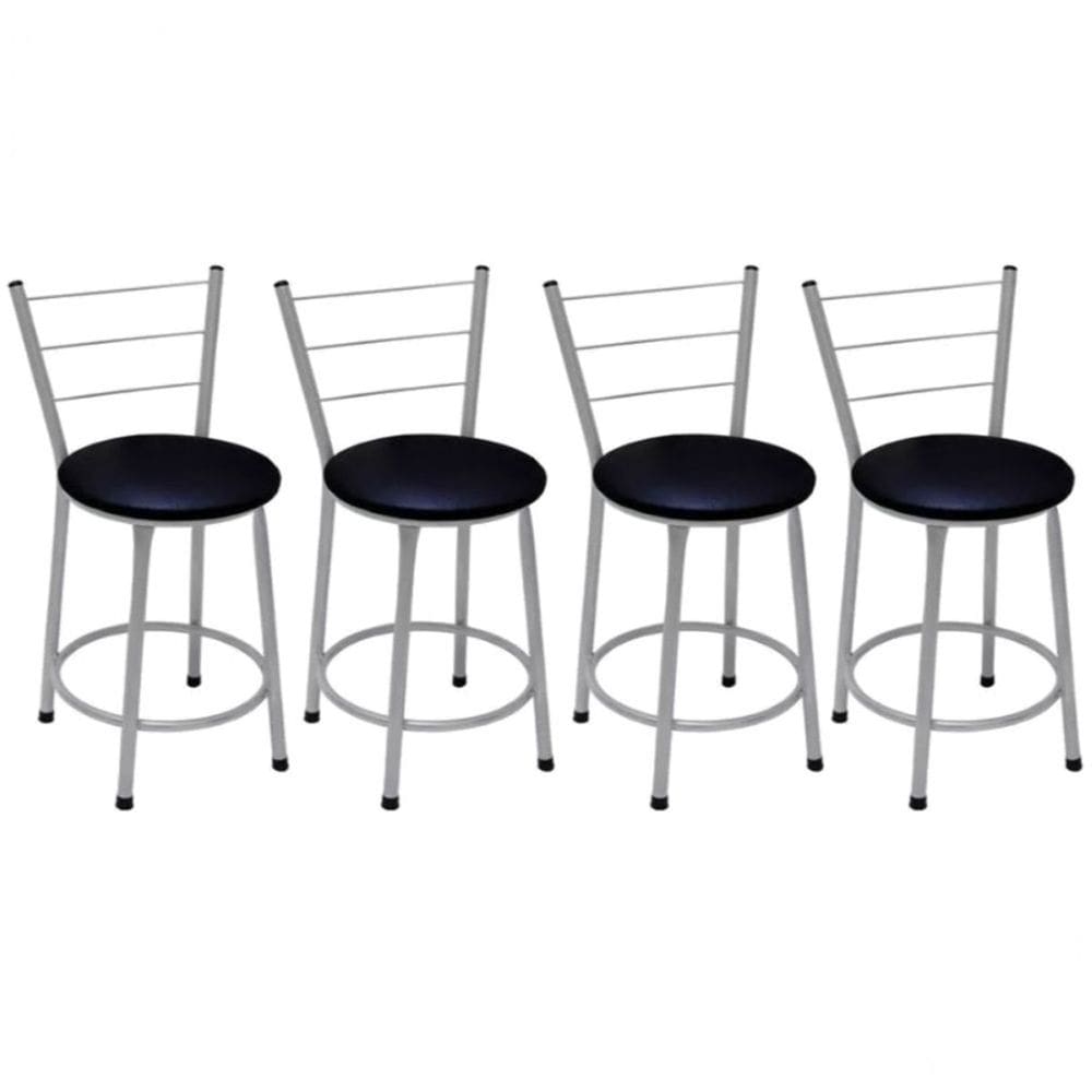 Kit 4 Banquetas Baixas Prata com Encosto Assento Preto