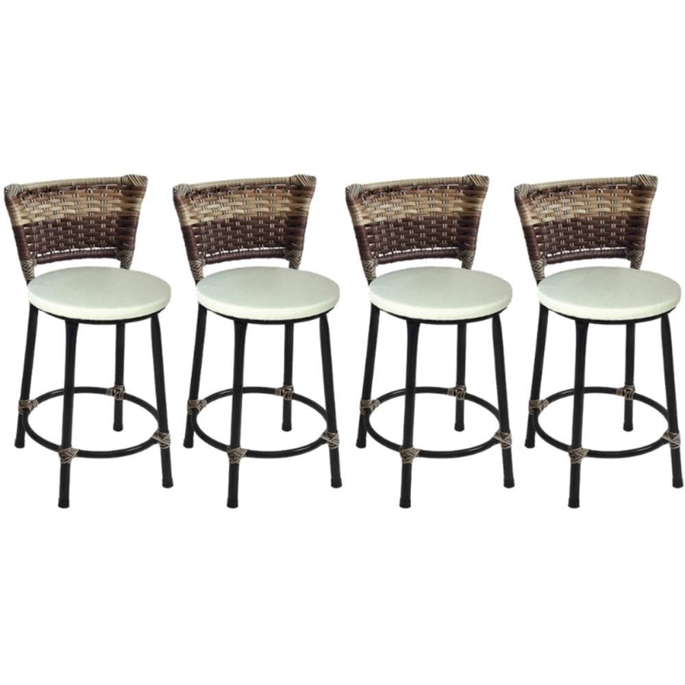 Kit 4 Banquetas Baixas Preta com Encosto Junco Capuccino Assento Branco