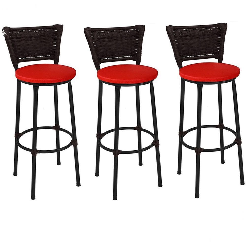 Kit 3 Banquetas Médias Preta com Encosto Junco Argila Assento Vermelho