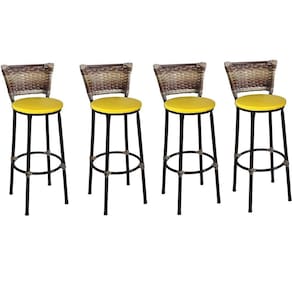 Kit 4 Banquetas Médias Preta com Encosto Junco Capuccino Assento Amarelo