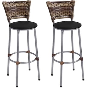 Kit 2 Banquetas Altas Prata com Encosto Junco Capuccino Assento Preto
