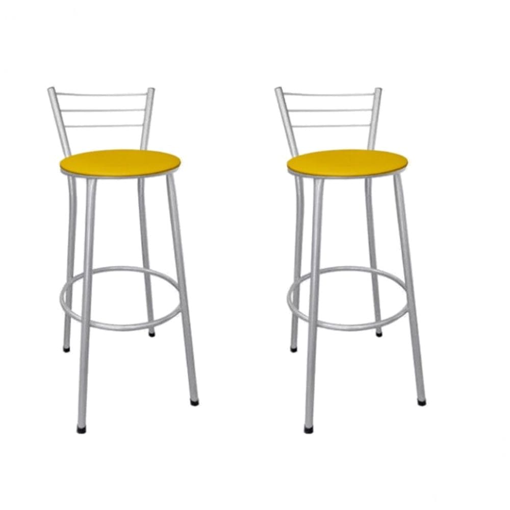 Kit 2 Banquetas Altas Prata com Encosto Assento Amarelo