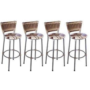 Kit 4 Banquetas Altas Prata com Encosto Junco Capuccino Assento Floral Marrom