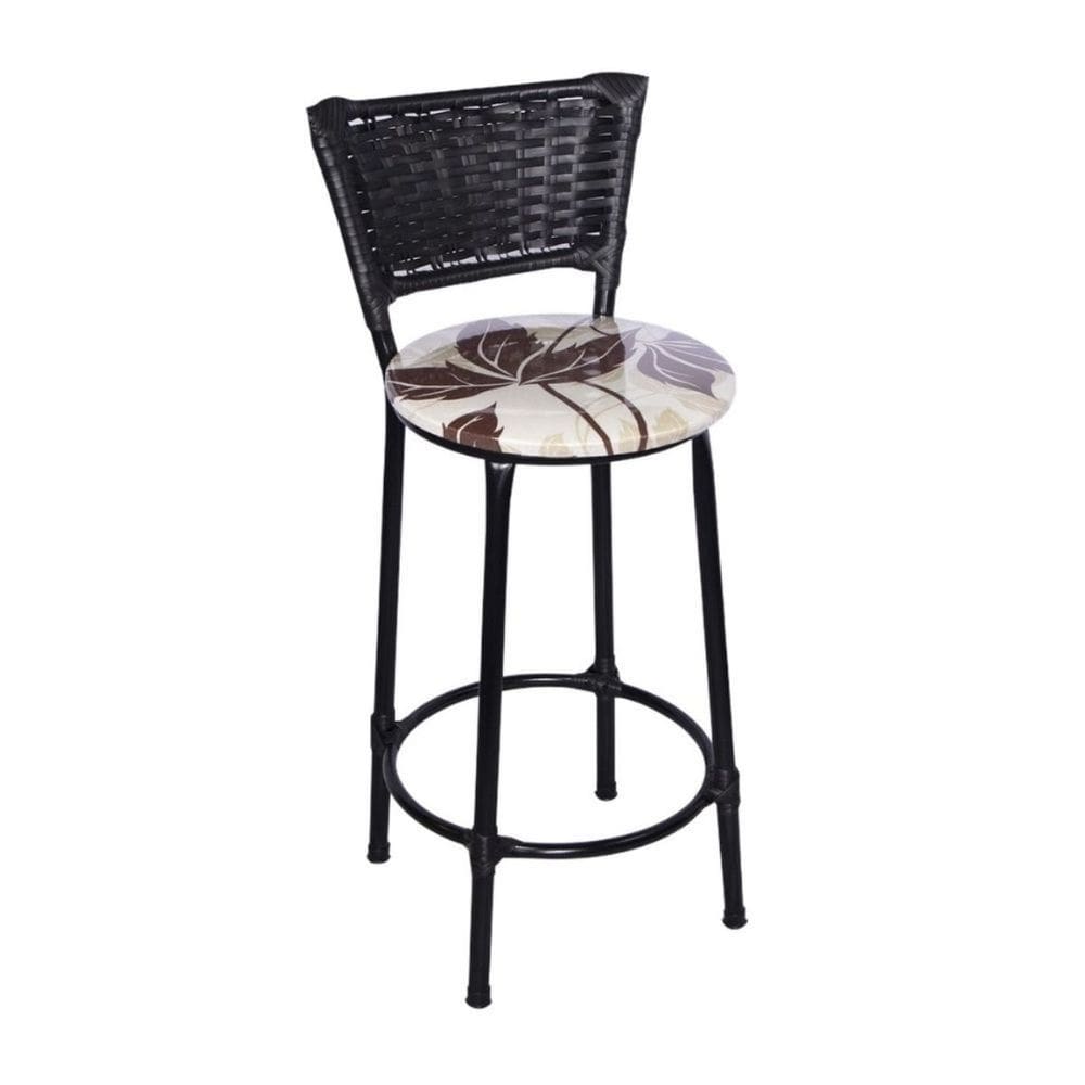 Kit 3 Banquetas Altas Preta com Encosto Junco Preto Assento Floral Marrom