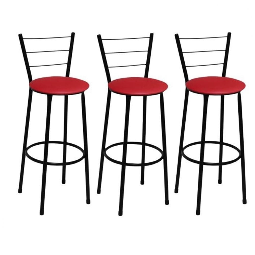 Kit 3 Banquetas Médias Preta com Encosto Assento Vermelho