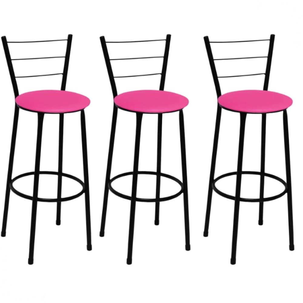 Kit 3 Banquetas Médias Preta com Encosto Assento Rosa