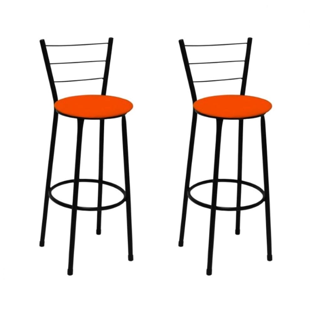 Kit 2 Banquetas Médias Preta com Encosto Assento Laranja