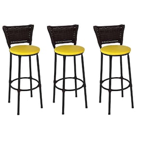 Kit 3 Banquetas Médias Preta com Encosto Junco Argila Assento Amarelo