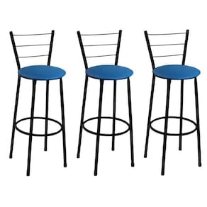 Kit 3 Banquetas Médias Preta com Encosto Assento Azul