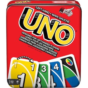 Jogo de cartas Mattel Games UNO para família canhota com caixa de lata