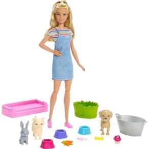 Boneca Playset Barbie Play `n Wash Pets com 3 animais e acesso.