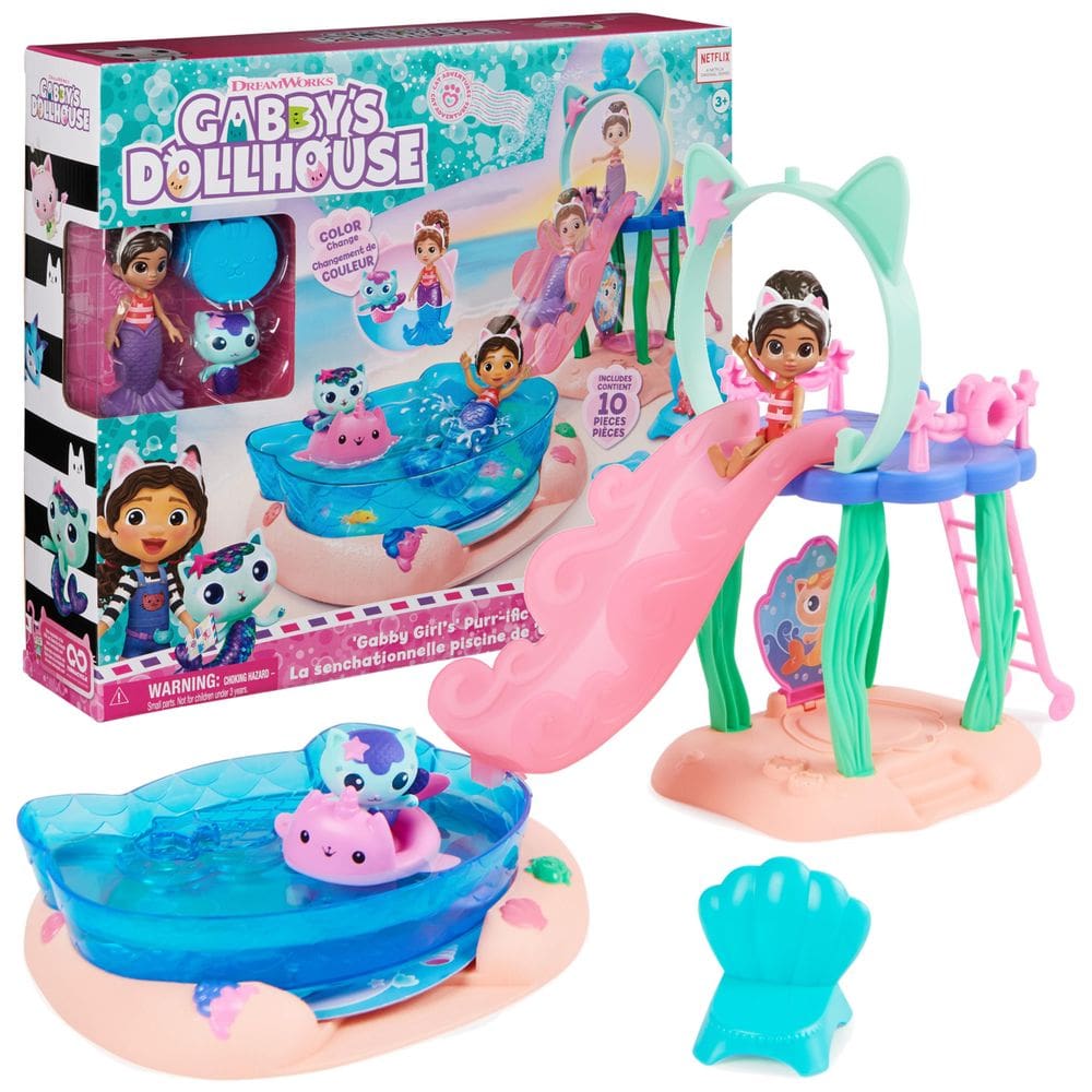 Conjunto de brinquedos Gabby`s Dollhouse Purrific Pool com Gabby e MerCat
