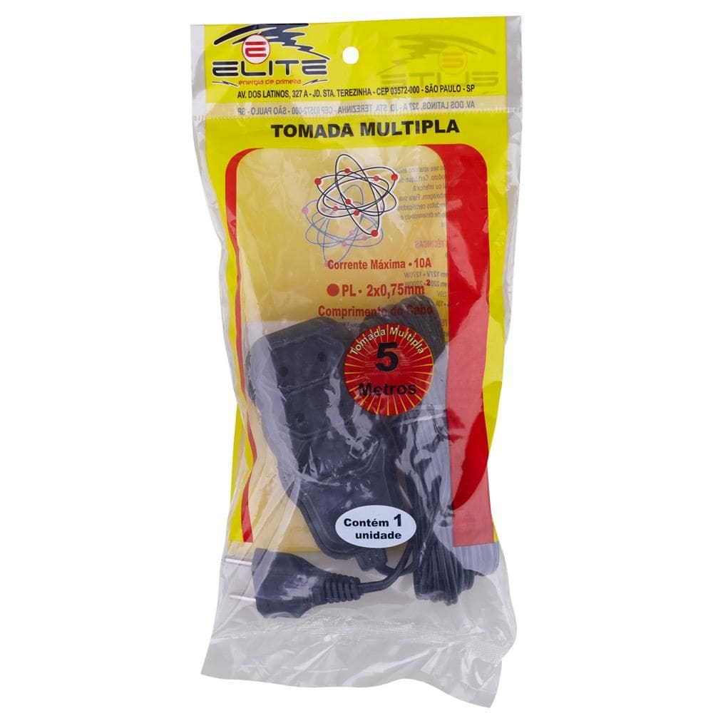 Extensão 5m 3 Tomadas 2P Elite Preta