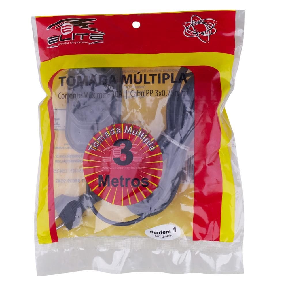 Extensão 3m 3 Tomadas 3P Elite Preta